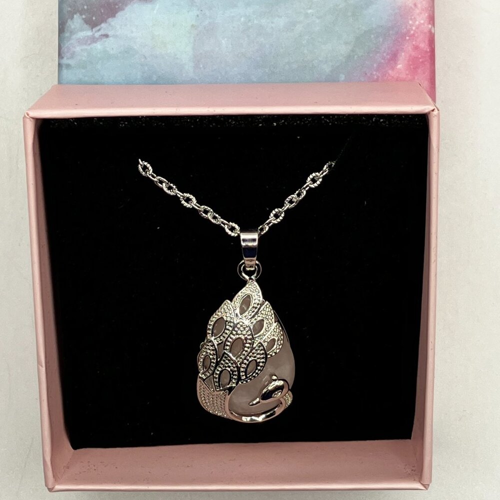 Teardrop Pink Quartz Pendant Necklace 20 inch+ Stainless Steel Diamond Cut Chain